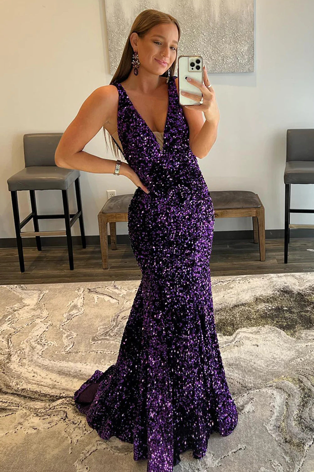 Blue Sequins Prom Dress Mermaid V Neck Evening Dress