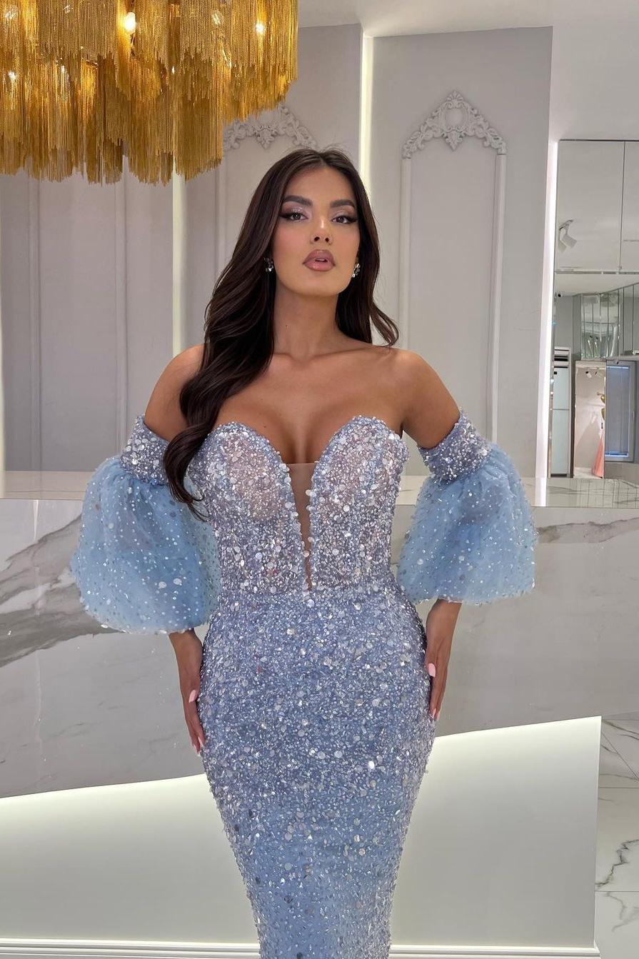 Blue Sheath/Column Prom Dress Half Sleeve Sweetheart Tea Length Sequined Evening Dress