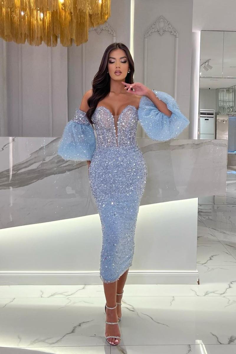 Blue Sheath/Column Prom Dress Half Sleeve Sweetheart Tea Length Sequined Evening Dress