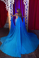 Blue Sheath/Column Prom Dress Off the Shoulder Beaded Evening Dress