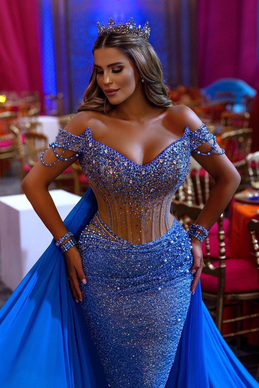 Blue Sheath/Column Prom Dress Off the Shoulder Beaded Evening Dress