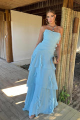 Blue Sheath/Column Prom Dress Sleeveless Strapless Ruffled Evening Dress