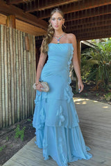 Blue Sheath/Column Prom Dress Sleeveless Strapless Ruffled Evening Dress