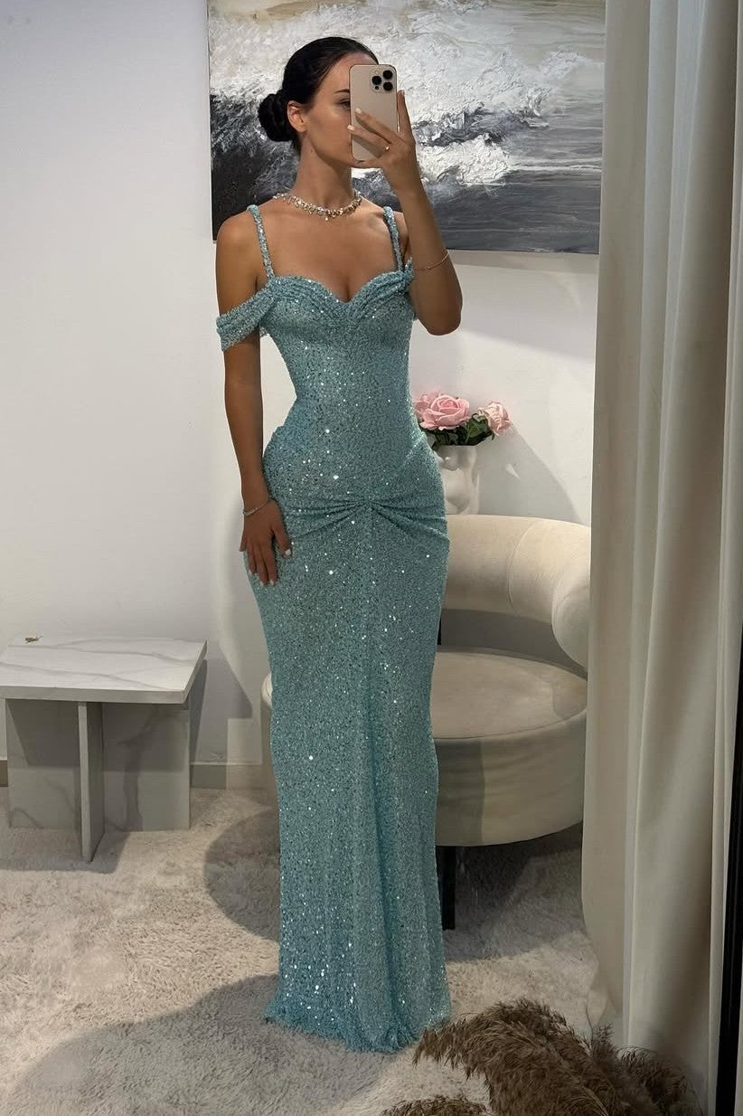 Blue Sheath/Column Prom Dress Spaghetti Straps Sequined Evening Dress
