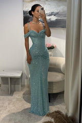 Blue Sheath/Column Prom Dress Spaghetti Straps Sequined Evening Dress