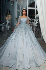 Blue Square Illusion Sleeves Beaded Sequined Ball Gown Satin Bridal Gown With Appliques