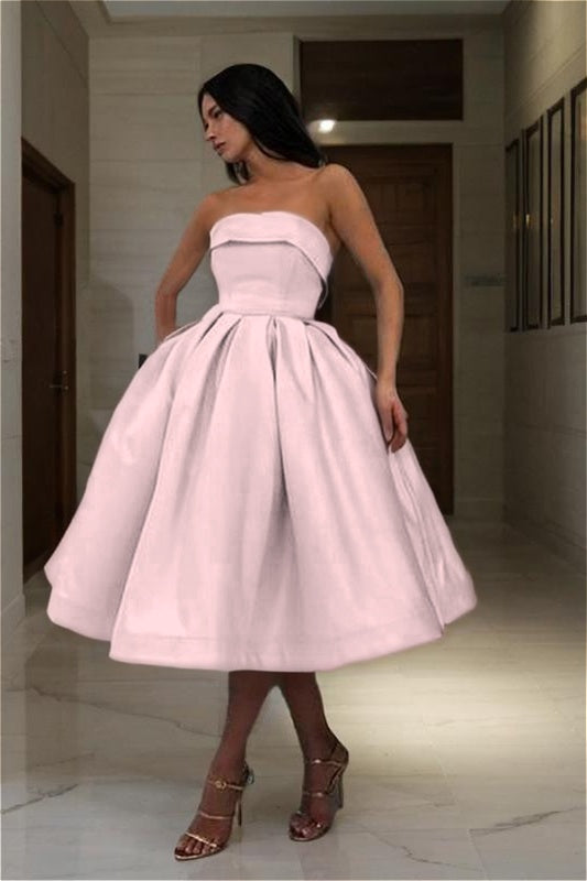 Blue Strapless Graduation Dress Sleeveless A Line Short Cocktail Dress With Pleated