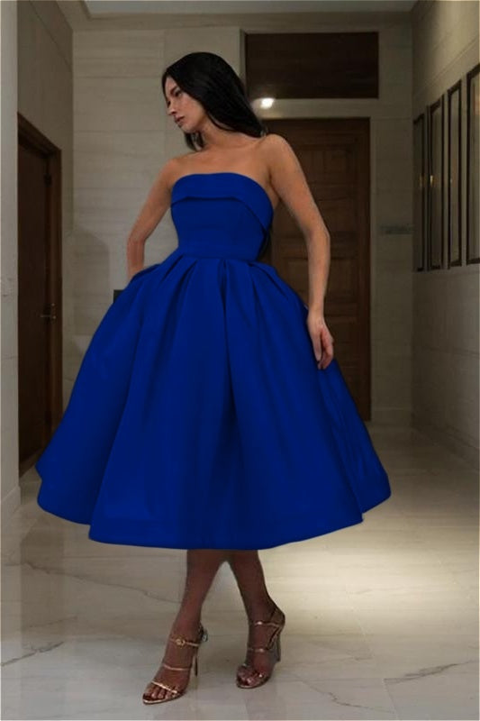 Blue Strapless Graduation Dress Sleeveless A Line Short Cocktail Dress With Pleated