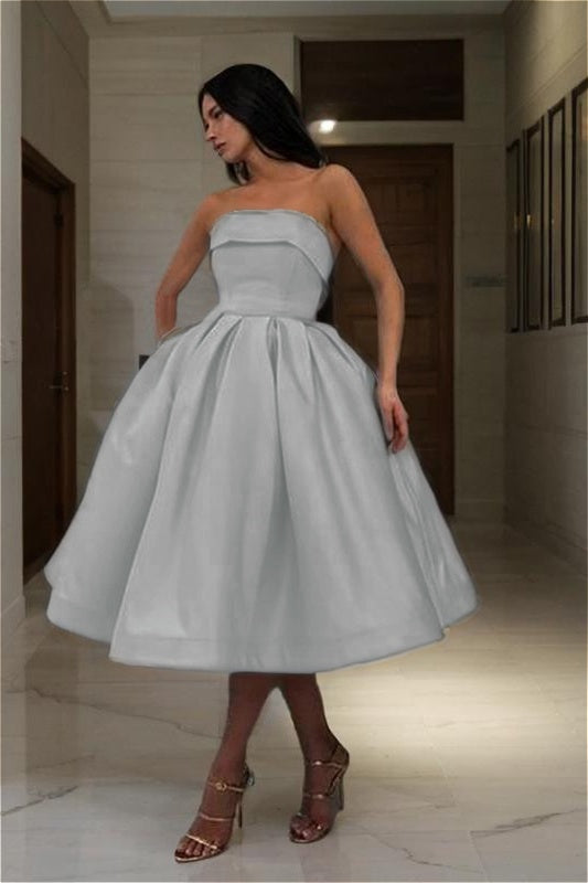 Blue Strapless Graduation Dress Sleeveless A Line Short Cocktail Dress With Pleated