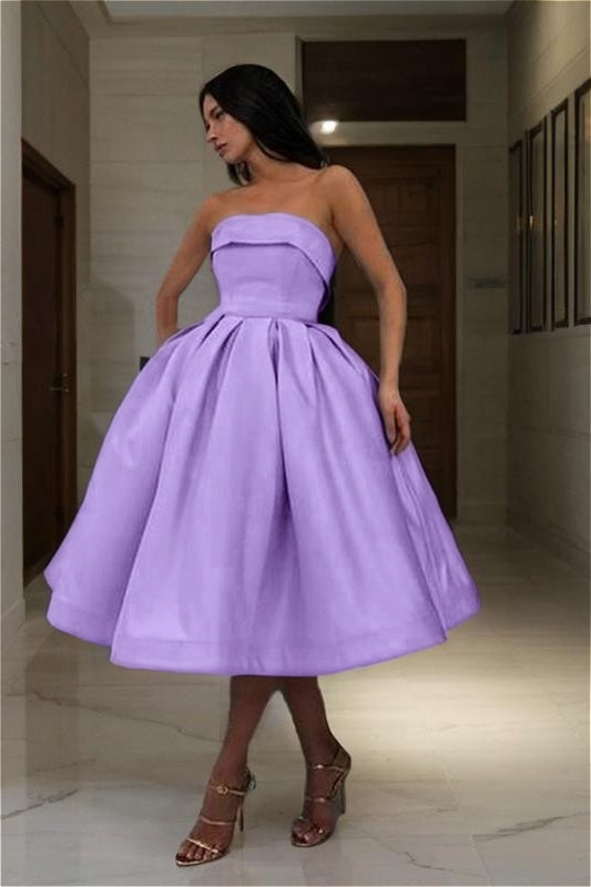 Blue Strapless Graduation Dress Sleeveless A Line Short Cocktail Dress With Pleated