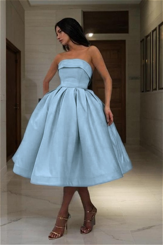 Blue Strapless Graduation Dress Sleeveless A Line Short Cocktail Dress With Pleated