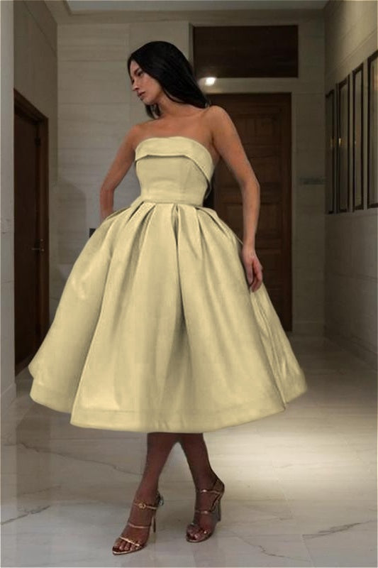 Blue Strapless Graduation Dress Sleeveless A Line Short Cocktail Dress With Pleated
