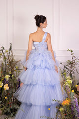 Blue Tiered Prom Dress Sleeveless One Shoulder Ruffled Evening Dress