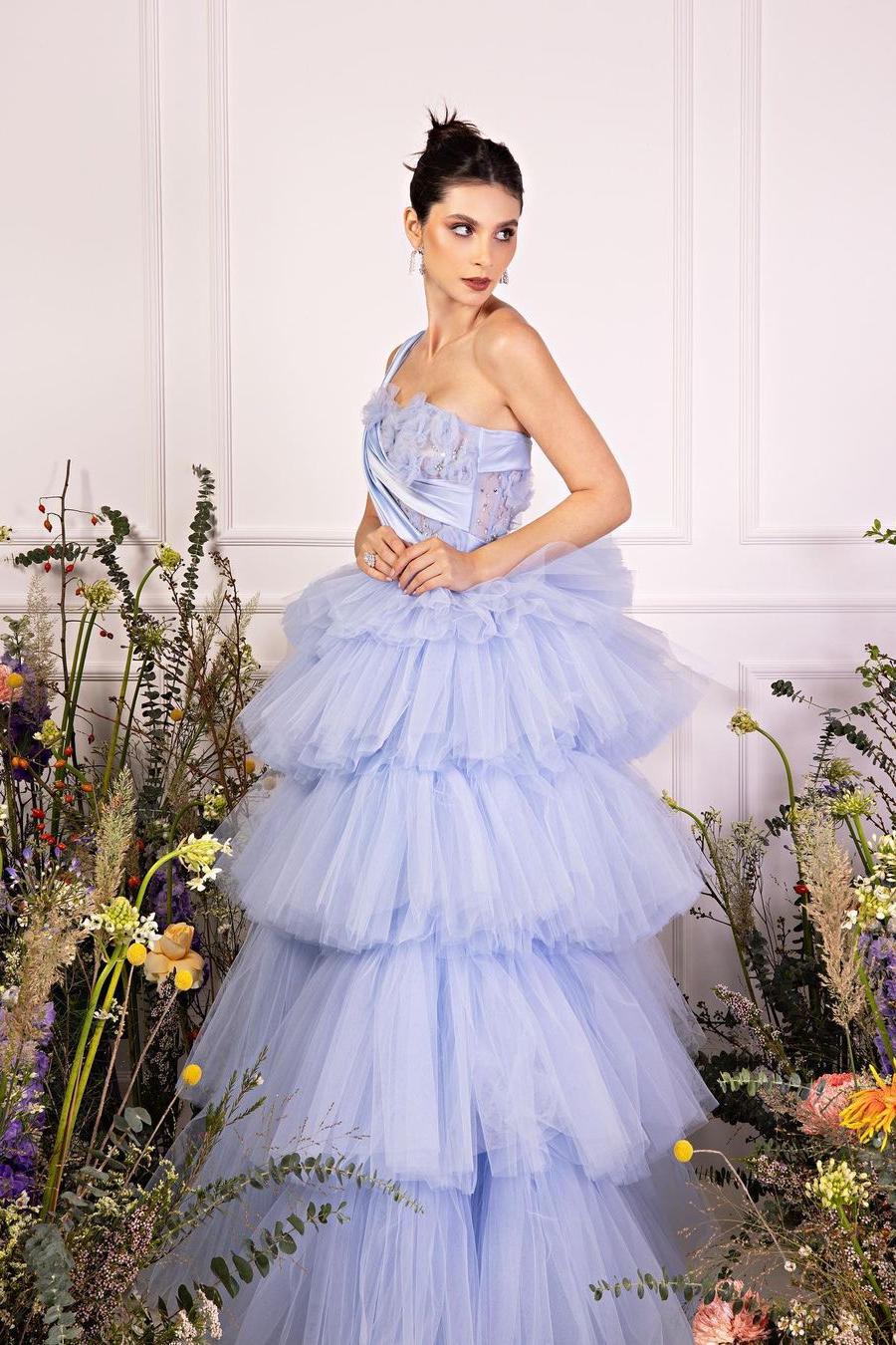 Blue Tiered Prom Dress Sleeveless One Shoulder Ruffled Evening Dress