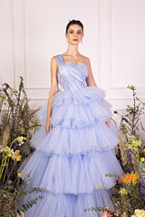 Blue Tiered Prom Dress Sleeveless One Shoulder Ruffled Evening Dress