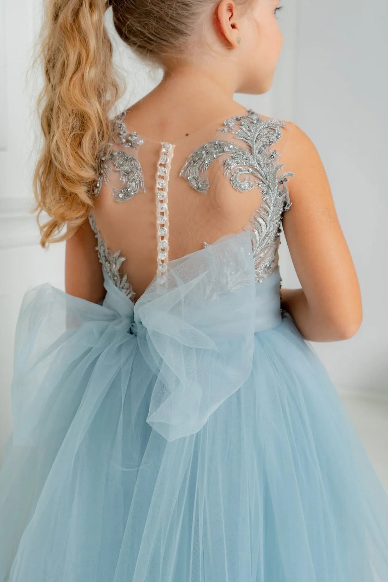 Blue Tulle Beaded Princess Flower Girl Dress with Bowknot
