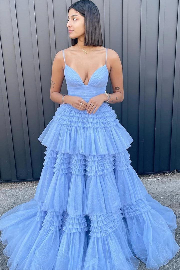 Blue Tulle Tiered Spaghetti Straps Long Prom Dress with Slit