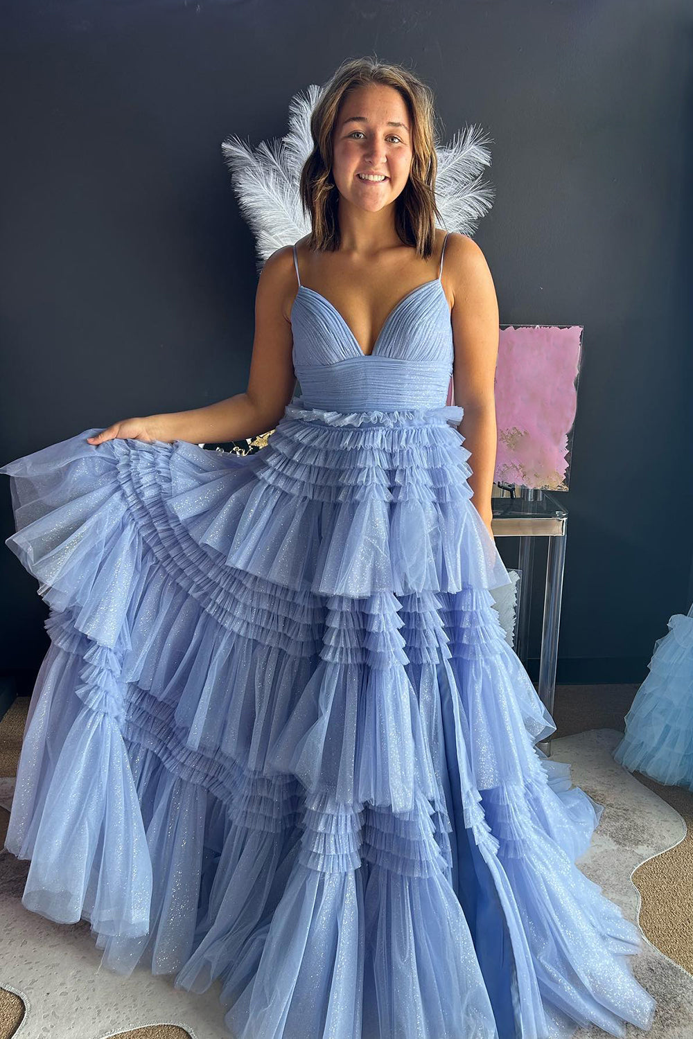 Blue Tulle Tiered Spaghetti Straps Long Prom Dress with Slit