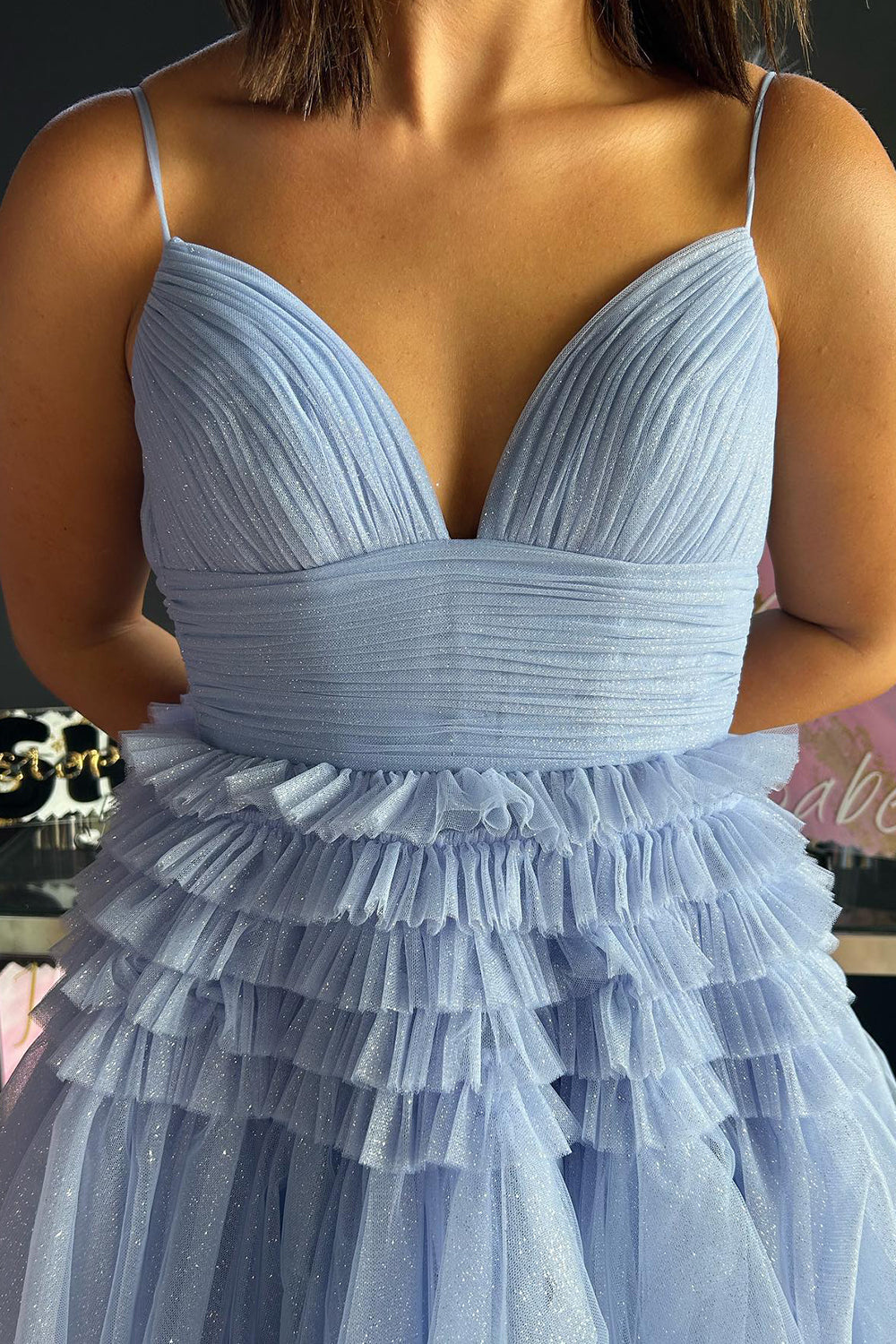 Blue Tulle Tiered Spaghetti Straps Long Prom Dress with Slit