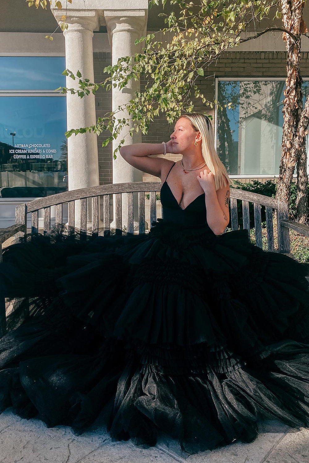 Blue Tulle Tiered Spaghetti Straps Long Prom Dress with Slit