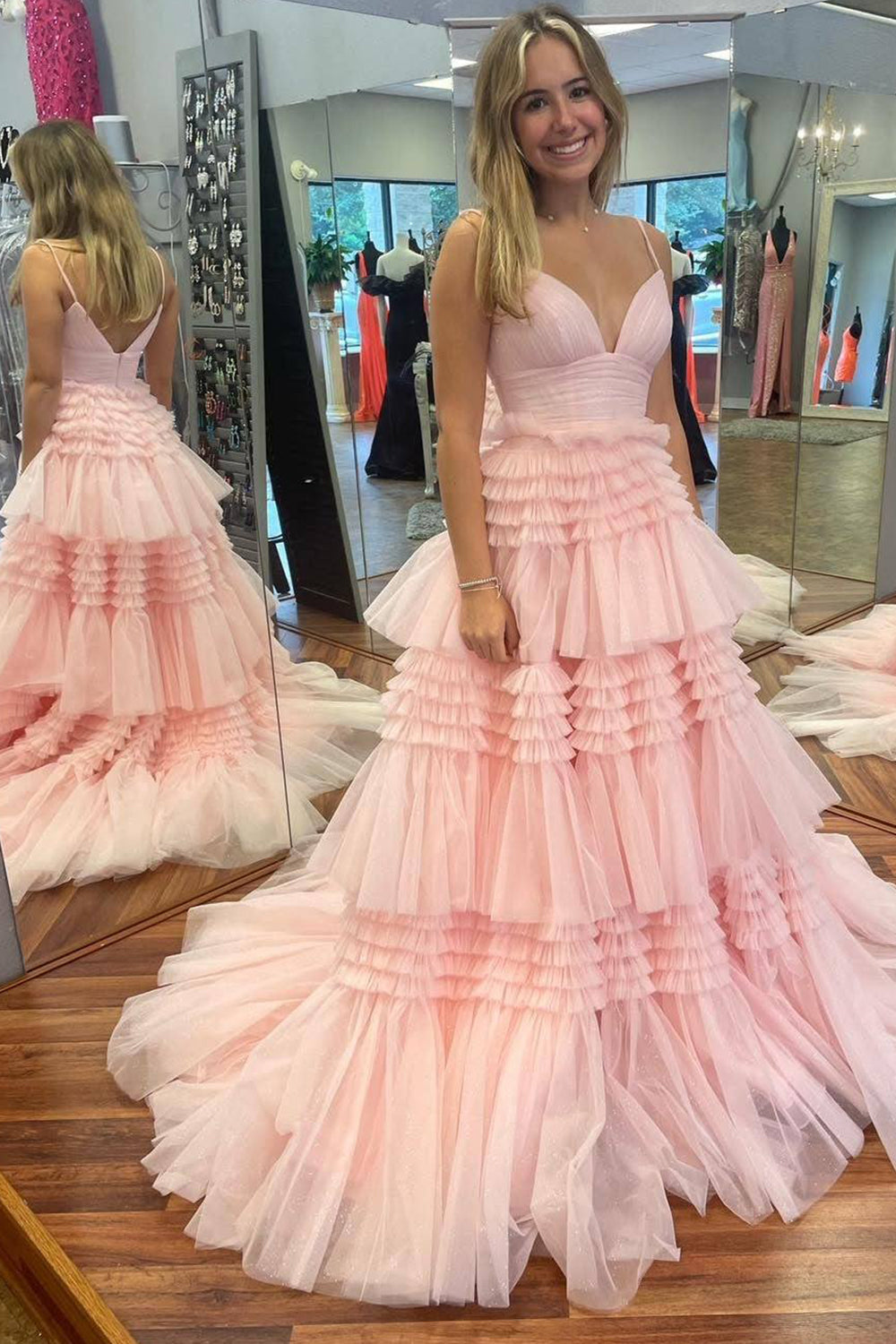 Blue Tulle Tiered Spaghetti Straps Long Prom Dress with Slit