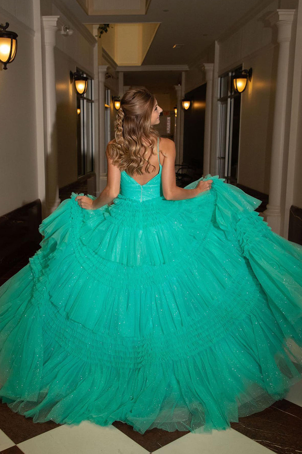Blue Tulle Tiered Spaghetti Straps Long Prom Dress with Slit
