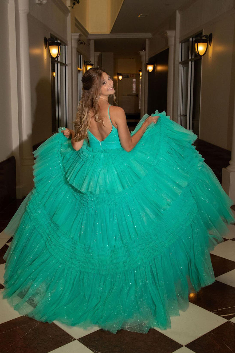 Blue Tulle Tiered Spaghetti Straps Long Prom Dress with Slit