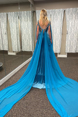 Blue Velvet Evening Dress Mermaid Beaded V-Neck Long Christmas Party Dress With Cape