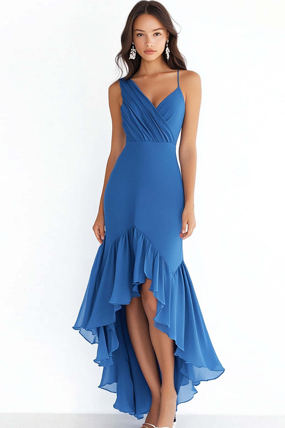 Blue Wedding Guest Dress Chiffon V Neck High-Low Sheath Evening Dress With Ruffles
