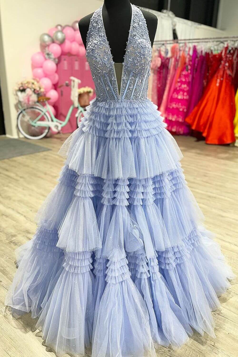 Blue Halter Neck Prom Dress Corset Lace Tiered Formal Dress with Slit