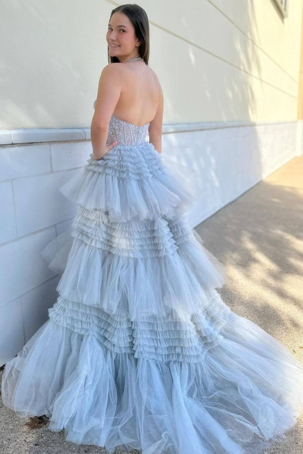 Blue Halter Neck Prom Dress Corset Lace Tiered Formal Dress with Slit