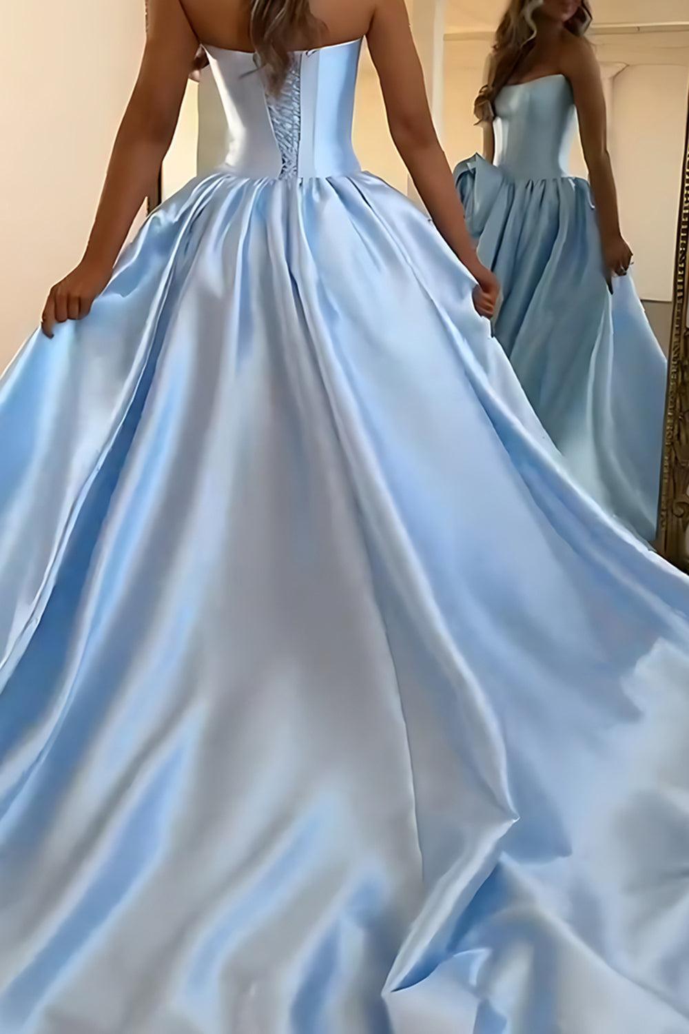 Pink A Line Satin Strapless Long Corset Prom Dress With 3D Flower