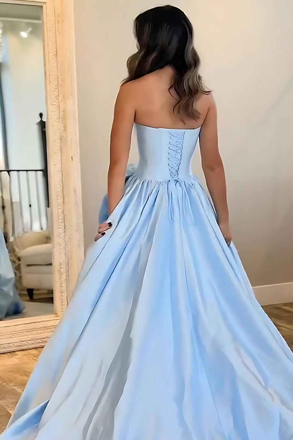 Pink A Line Satin Strapless Long Corset Prom Dress With 3D Flower