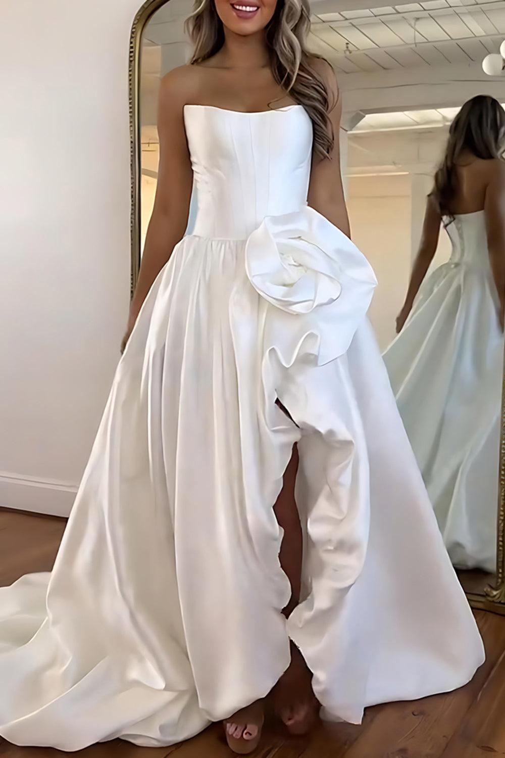 Pink A Line Satin Strapless Long Corset Prom Dress With 3D Flower