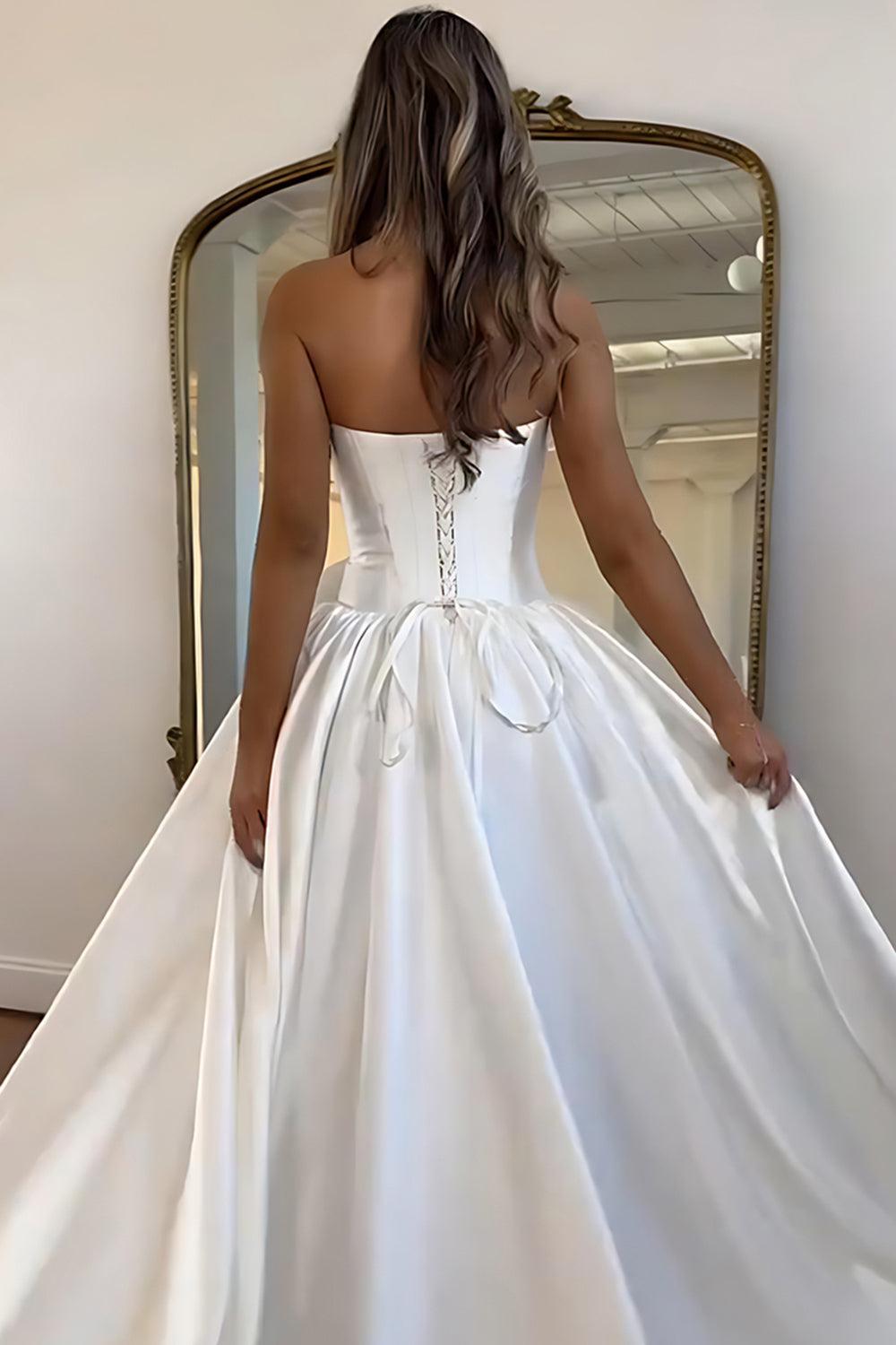 Pink A Line Satin Strapless Long Corset Prom Dress With 3D Flower
