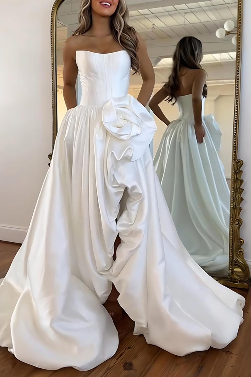 Pink A Line Satin Strapless Long Corset Prom Dress With 3D Flower