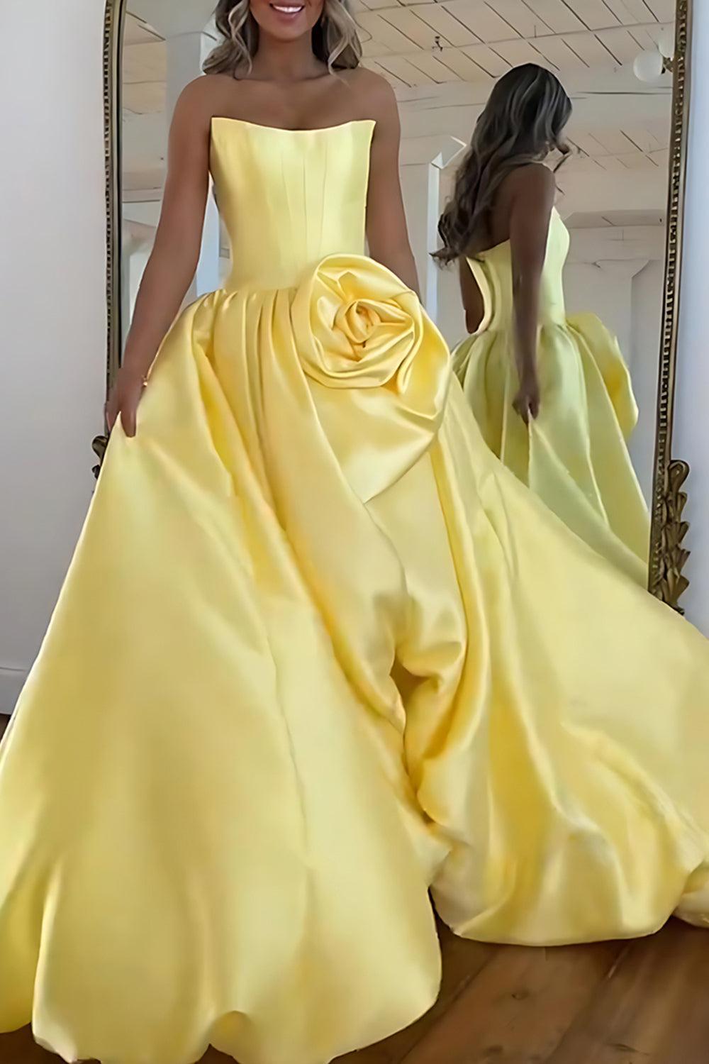 Pink A Line Satin Strapless Long Corset Prom Dress With 3D Flower