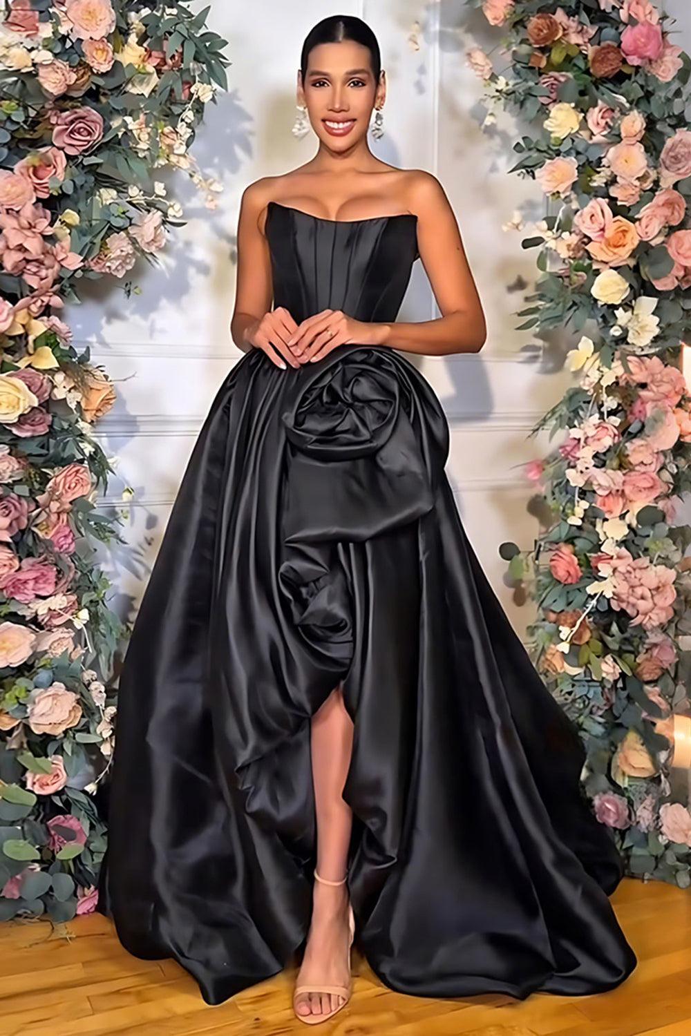 Pink A Line Satin Strapless Long Corset Prom Dress With 3D Flower