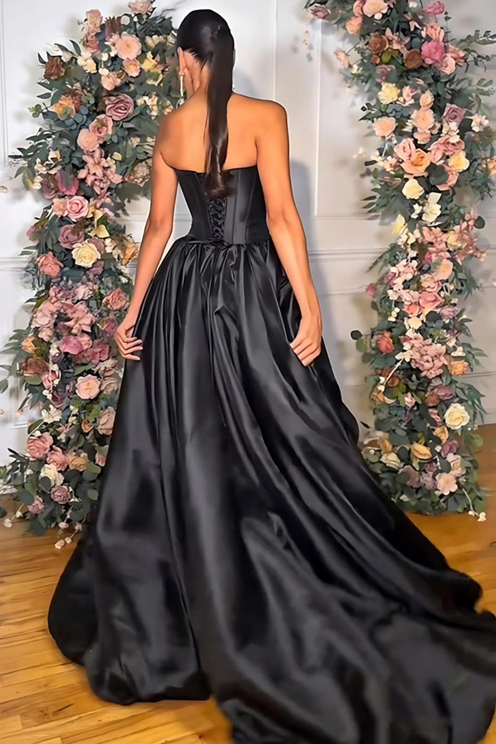 Pink A Line Satin Strapless Long Corset Prom Dress With 3D Flower