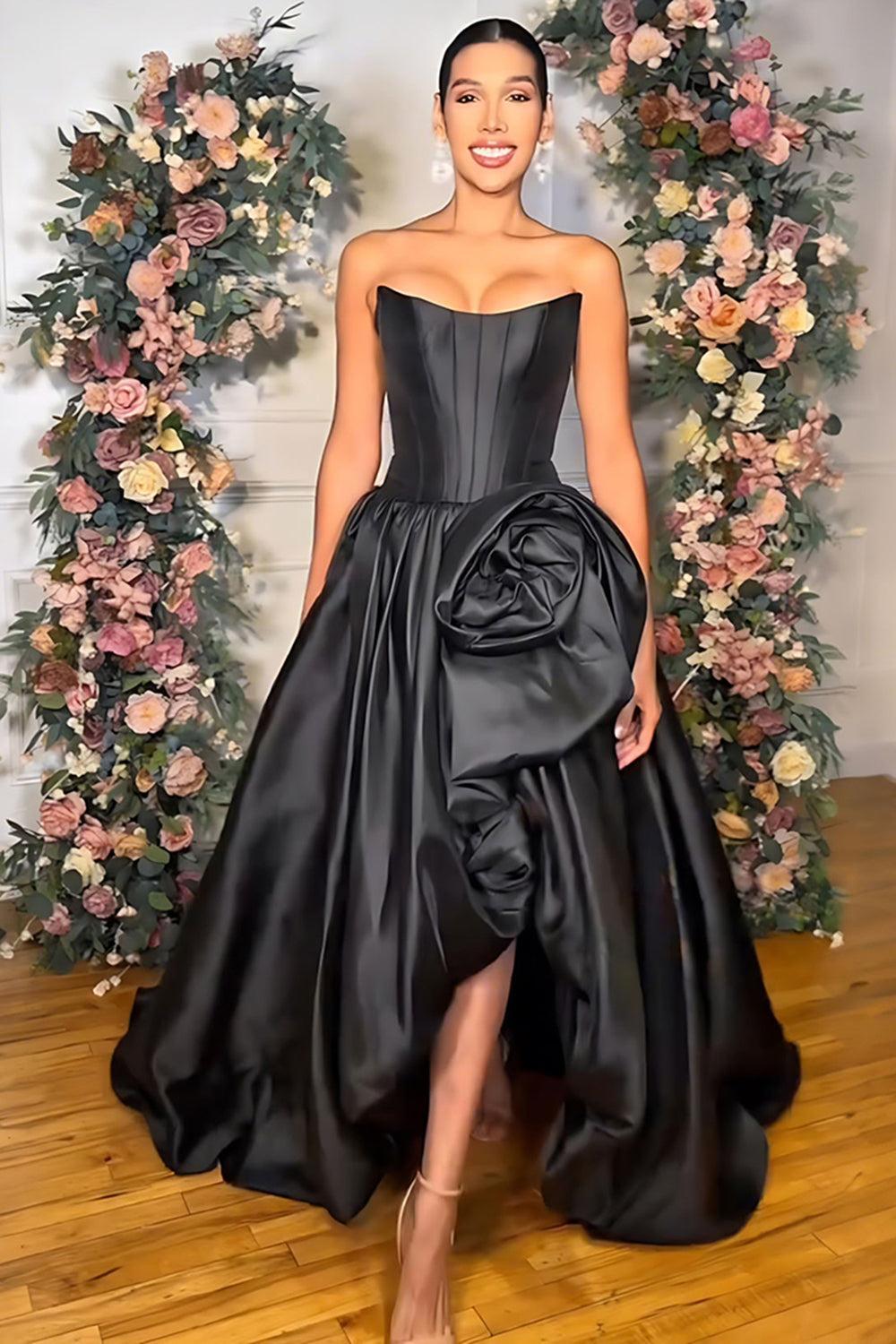 Pink A Line Satin Strapless Long Corset Prom Dress With 3D Flower
