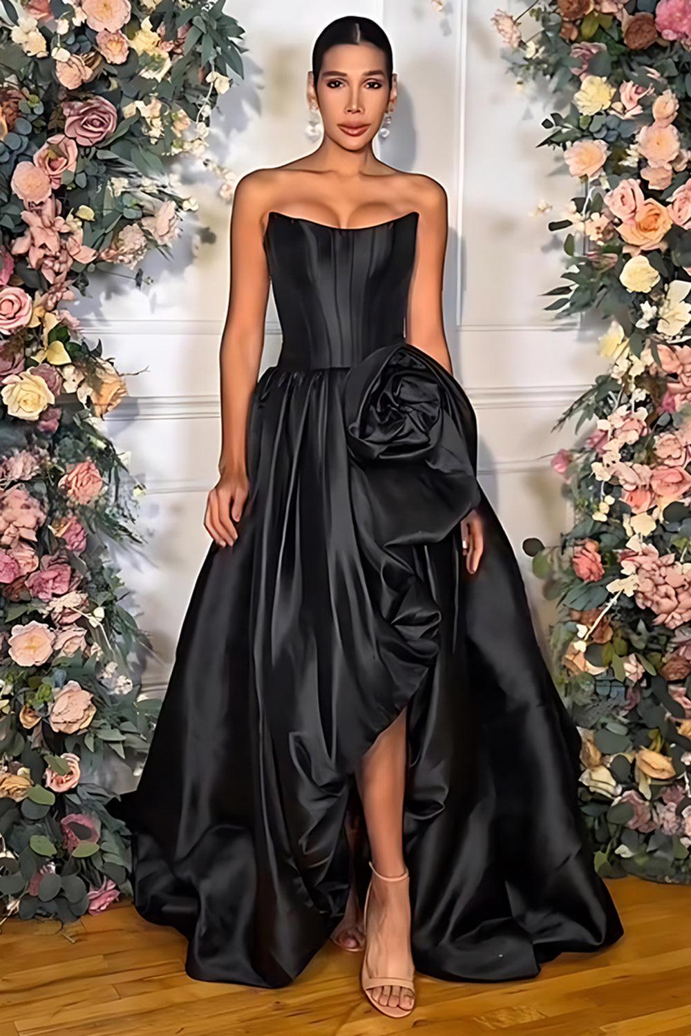 Pink A Line Satin Strapless Long Corset Prom Dress With 3D Flower
