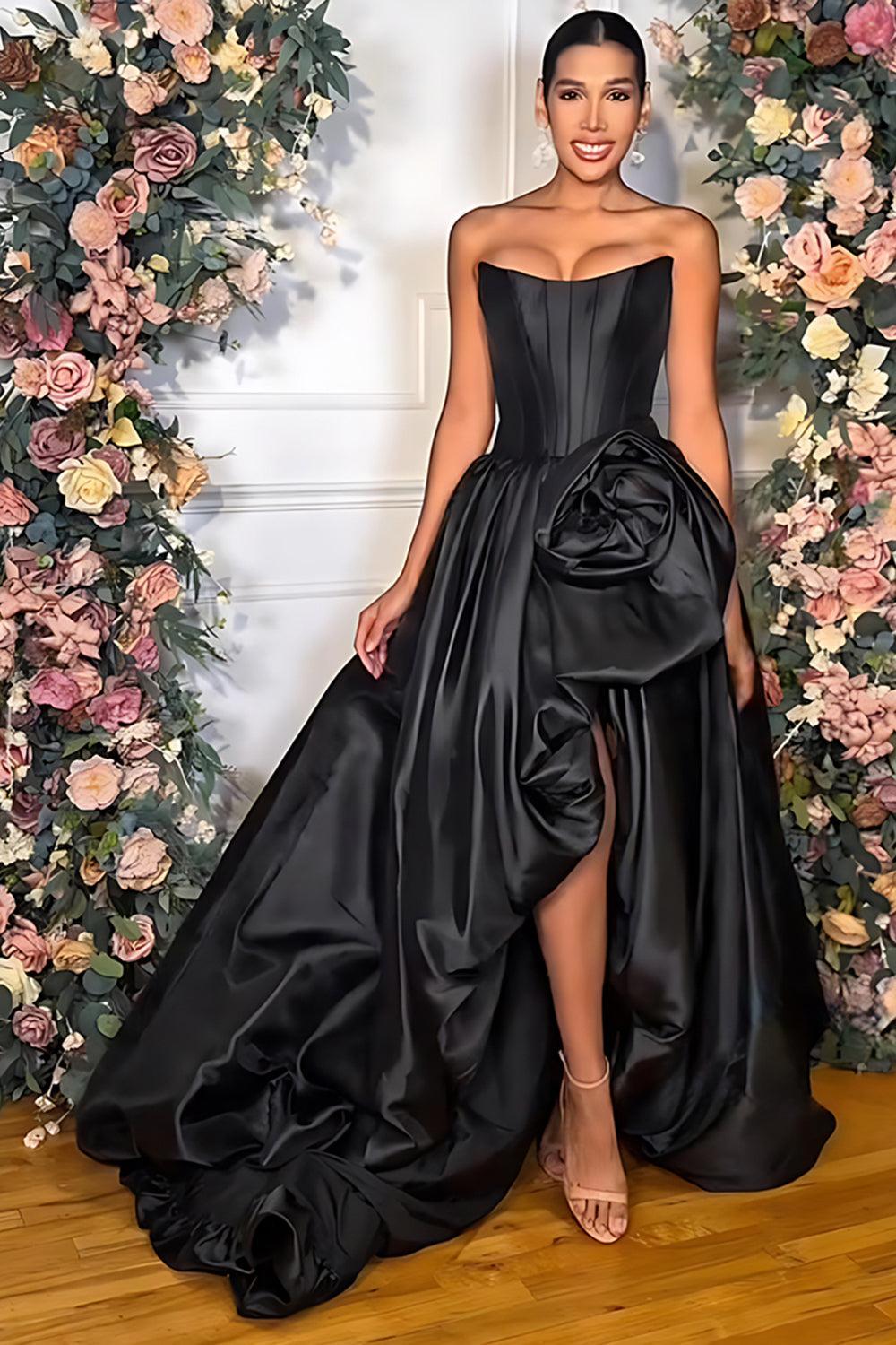 Pink A Line Satin Strapless Long Corset Prom Dress With 3D Flower
