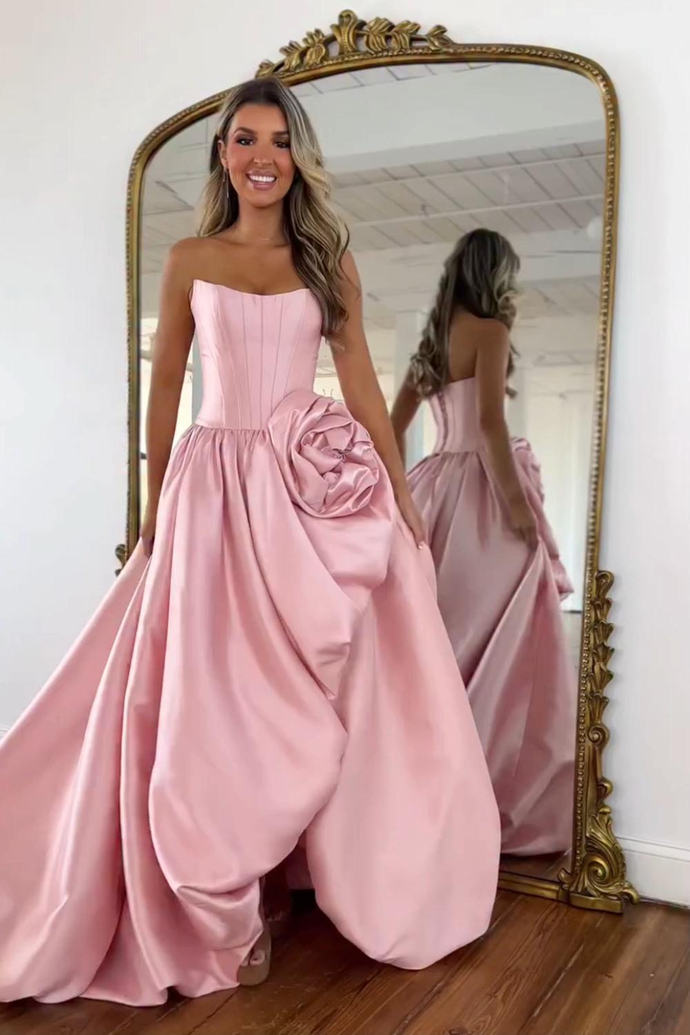 Pink A Line Satin Strapless Long Corset Prom Dress With 3D Flower