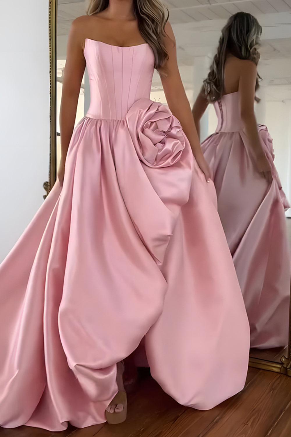 Pink A Line Satin Strapless Long Corset Prom Dress With 3D Flower