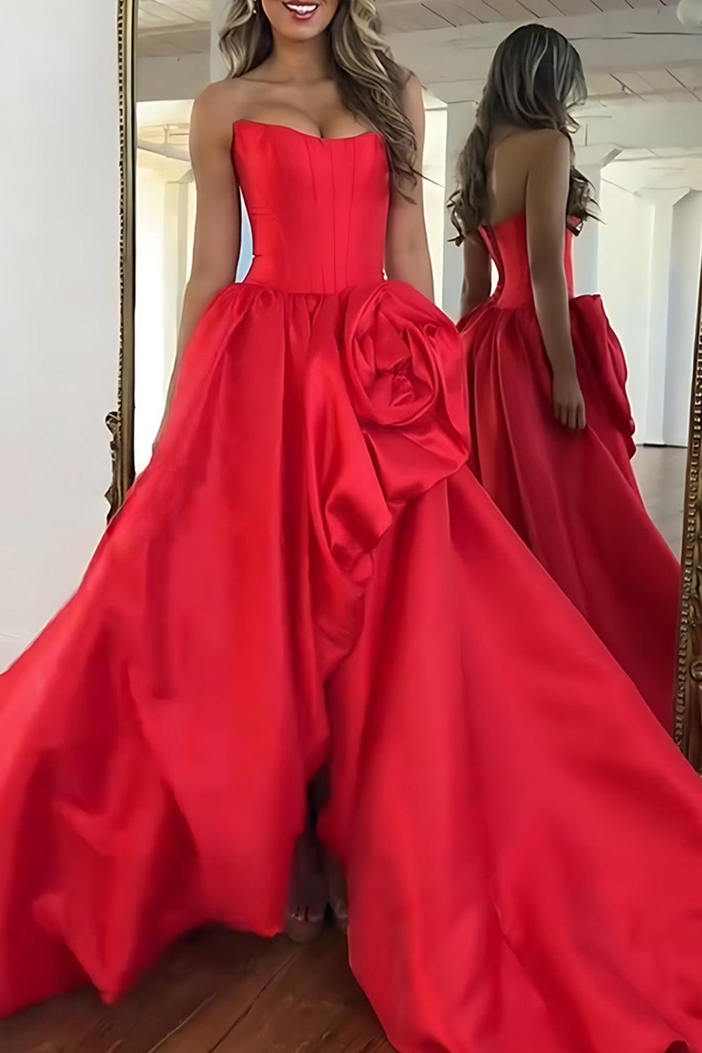 Pink A Line Satin Strapless Long Corset Prom Dress With 3D Flower