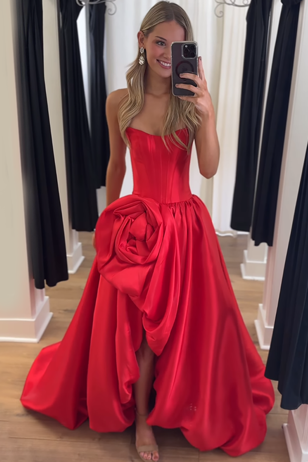 Pink A Line Satin Strapless Long Corset Prom Dress With 3D Flower
