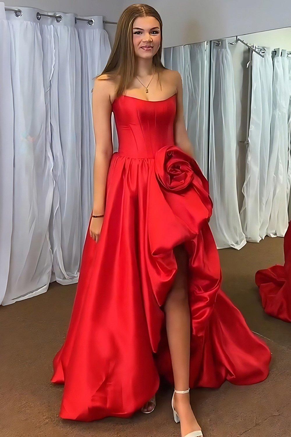 Pink A Line Satin Strapless Long Corset Prom Dress With 3D Flower