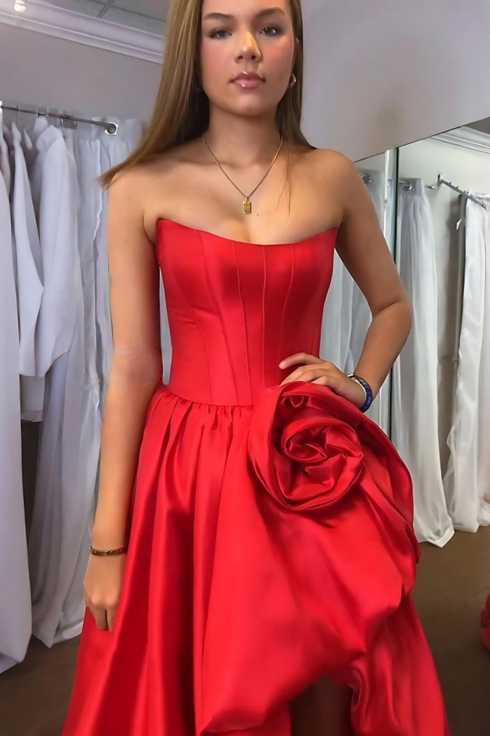Pink A Line Satin Strapless Long Corset Prom Dress With 3D Flower