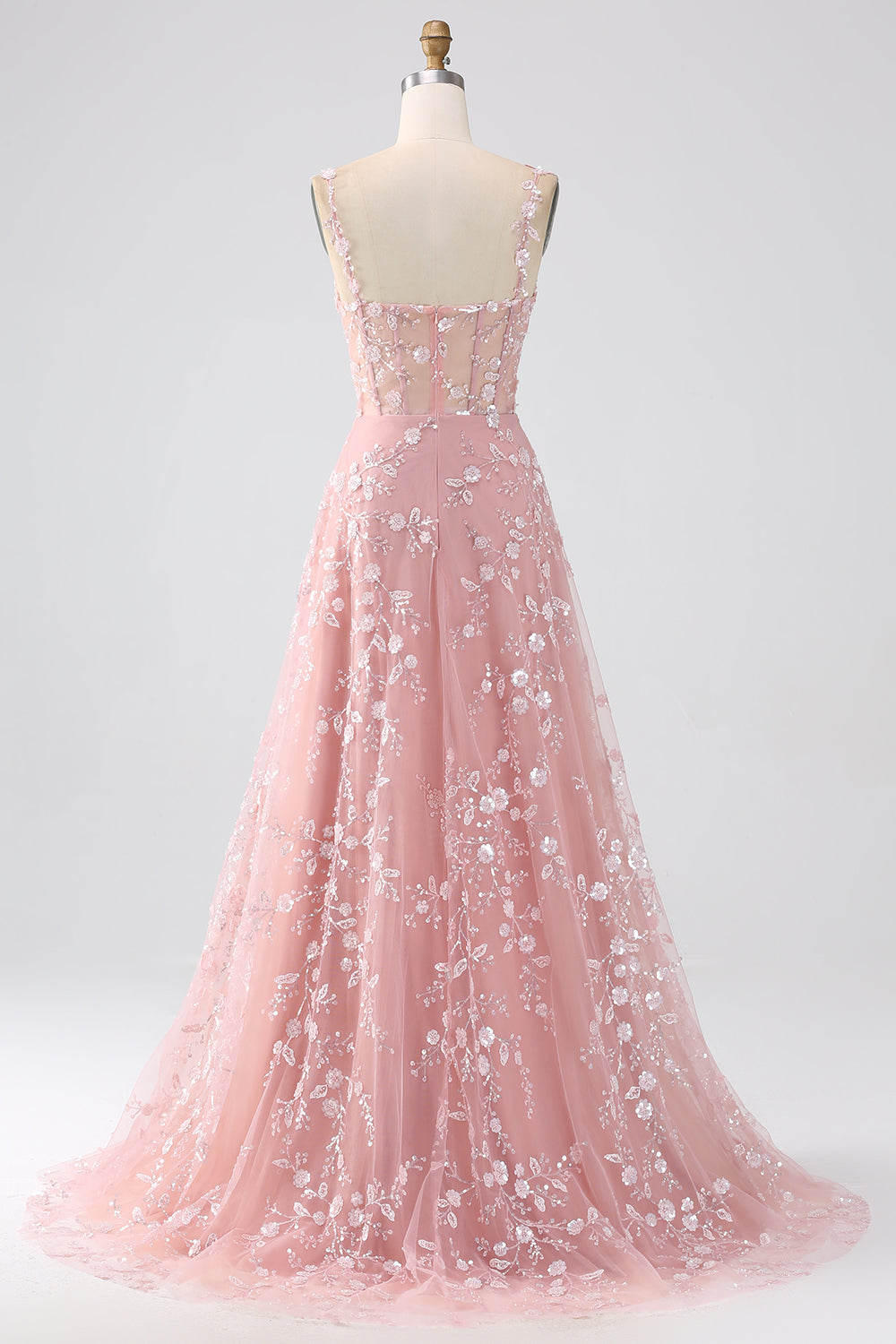 Blush Floral Corset A Line Long Prom Dress