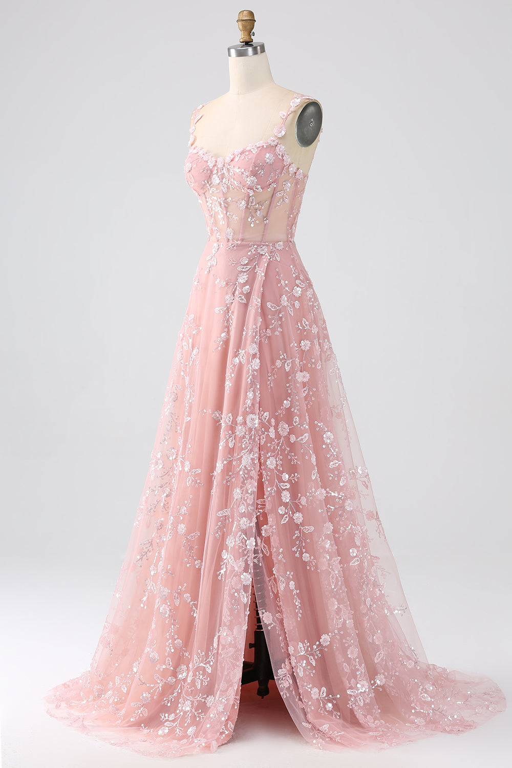 Blush Floral Corset A Line Long Prom Dress